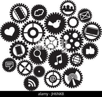 Gli ingranaggi della macchina con i Social Media simboli isolato nero su sfondo bianco illustrazione Illustrazione Vettoriale