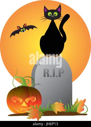 Halloween Gatto Nero seduto sulla lapide con Jack-O-Lantern zucca e Flying Bat illustrazione Illustrazione Vettoriale