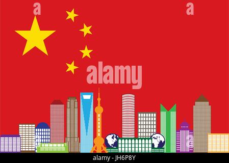 Cina Shanghai skyline della città delineano Silhouette in Cina bandiera isolati su sfondo bianco Illustrazione a colori Illustrazione Vettoriale