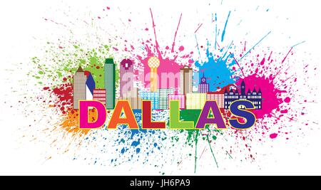 Dallas Texas City Skyline colore di contorno Silhouette Panorama con testo e spruzzi di vernice Abstract isolati su sfondo bianco illustrazione Illustrazione Vettoriale