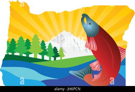 Stato dell'Oregon paesaggio panoramico con Mount Hood Douglas Abeti Coho salmone nella mappa colore di contorno illustrazione Illustrazione Vettoriale