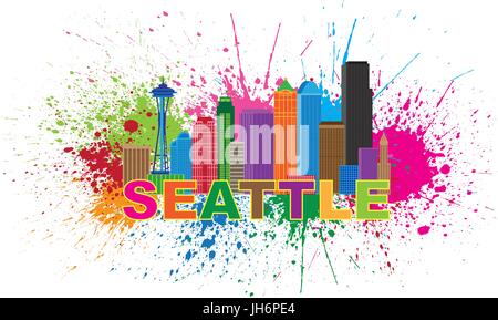 Seattle Washington Downtown skyline della città di testo a colori spruzzi di vernice Abstract isolati su sfondo bianco illustrazione Illustrazione Vettoriale