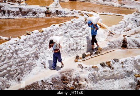 MARAS, Perù - circa ottobre 2015: i lavoratori borse e zaini all'Marasal sale pianure vicino al villaggio di Maras nella regione di Cusco noto come Sacra Vall Foto Stock