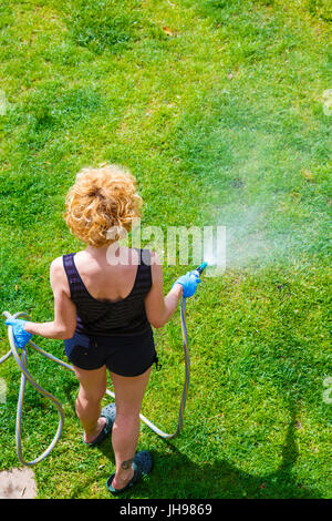Donna irrigare un giardino. Foto Stock
