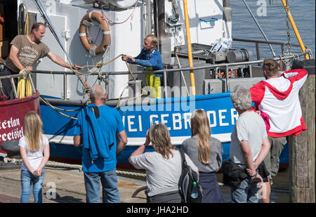 Greetsiel, Germania. 13 Luglio, 2017. Vacanzieri in mare del Nord guarda come i pescatori del granchio taglierina ·i fratelli laici· ancoraggio nel porto di Greetsiel, Germania, 13 luglio 2017. Una pressione elevata ridge è il tempo per una piacevole giornata in Germania settentrionale. Foto: Ingo Wagner/dpa/Alamy Live News Foto Stock