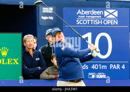 Ayrshire, in Scozia, Regno Unito. 13 Luglio, 2017. Il primo giorno dell'AAM Scottish Open Golf championship, golfisti provenienti da tutto il mondo hanno suonato su Dundonald Links vicino a Irvine, Ayrshire. Lettori inclusi Rory Mcilroy, Rickie Fowler, Jason Dufner, Henrik Stenson, Luke Donald e molti altri. Credito: Findlay/Alamy Live News Foto Stock