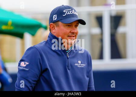 Ayrshire, in Scozia, Regno Unito. 13 Luglio, 2017. Il primo giorno dell'AAM Scottish Open Golf championship, golfisti provenienti da tutto il mondo hanno suonato su Dundonald Links vicino a Irvine, Ayrshire. Lettori inclusi Rory Mcilroy, Rickie Fowler, Jason Dufner, Henrik Stenson, Luke Donald e molti altri. Credito: Findlay/Alamy Live News Foto Stock