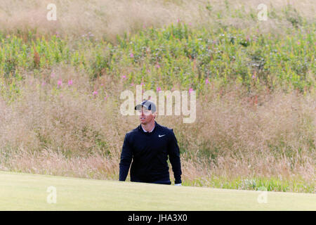 Ayrshire, in Scozia, Regno Unito. 13 Luglio, 2017. Il primo giorno dell'AAM Scottish Open Golf championship, golfisti provenienti da tutto il mondo hanno suonato su Dundonald Links vicino a Irvine, Ayrshire. Lettori inclusi Rory Mcilroy, Rickie Fowler, Jason Dufner, Henrik Stenson, Luke Donald e molti altri. Credito: Findlay/Alamy Live News Foto Stock