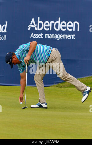 Ayrshire, in Scozia, Regno Unito. 13 Luglio, 2017. Il primo giorno dell'AAM Scottish Open Golf championship, golfisti provenienti da tutto il mondo hanno suonato su Dundonald Links vicino a Irvine, Ayrshire. Lettori inclusi Rory Mcilroy, Rickie Fowler, Jason Dufner, Henrik Stenson, Luke Donald e molti altri. Credito: Findlay/Alamy Live News Foto Stock