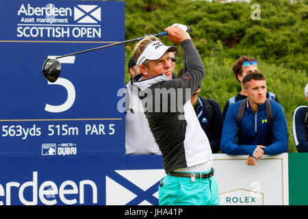 Ayrshire, in Scozia, Regno Unito. 13 Luglio, 2017. Il primo giorno dell'AAM Scottish Open Golf championship, golfisti provenienti da tutto il mondo hanno suonato su Dundonald Links vicino a Irvine, Ayrshire. Lettori inclusi Rory Mcilroy, Rickie Fowler, Jason Dufner, Henrik Stenson, Luke Donald e molti altri. Credito: Findlay/Alamy Live News Foto Stock