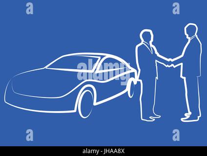 Due imprenditori stringono le mani di fronte a un auto - illustrazione , vettore Foto Stock