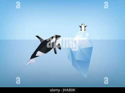 Orca whale guardando penguin sulla punta di un iceberg illustrazione - poligono Foto Stock