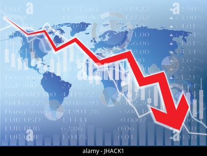 Stock Market Crash illustrazione - freccia rossa sulla mappa del mondo Foto Stock