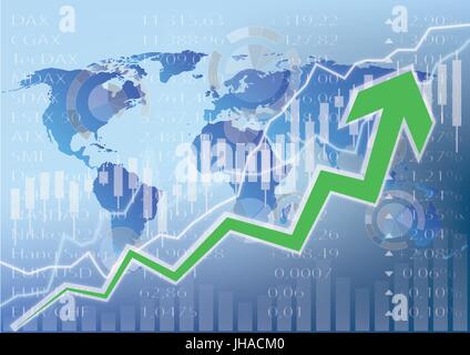 Il mercato azionario illustrazione - freccia verde sulla mappa del mondo Foto Stock