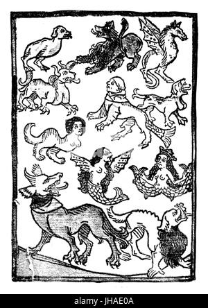 Fantastica simile a quella umana creatura del mare, sirene e il mostro marino, incisione medievale, anno 1475 Foto Stock