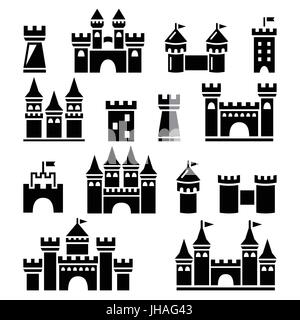 Castle Towers icone vettoriali edifici set set di icone - Castelli isolato su bianco Illustrazione Vettoriale