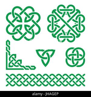 Celtic Irish nodi, trecce e vettore di modelli di serie di tradizionali simboli celtici, nodi, trecce in isolati verde su bianco Illustrazione Vettoriale