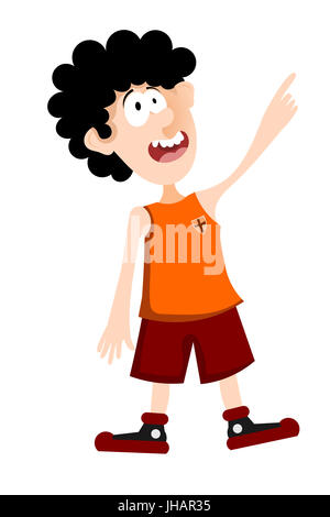 Cartoon boy su uno sfondo bianco. Immagine a colori ragazzo sorpreso in una maglietta e pantaloni corti, che mostra la mano. Piccola sorpresa atleta. Vettore di stock illustrati Foto Stock