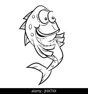 Mano bozzetto di pesce sorridente Cartoon isolato, in bianco e nero del fumetto illustrazione vettoriale per libro da colorare - Linea tracciata vettore Illustrazione Vettoriale