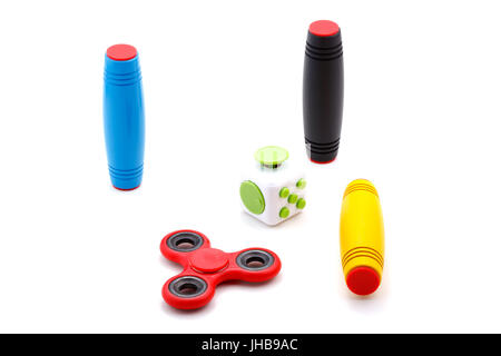 Anti-stress e relax gli si agitano, cubo e spinner per persone esauste Foto Stock