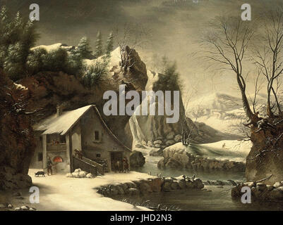 Francesco Foschi - An extensive winter landscape with a peasant by a cottage, mountains beyond Foto Stock