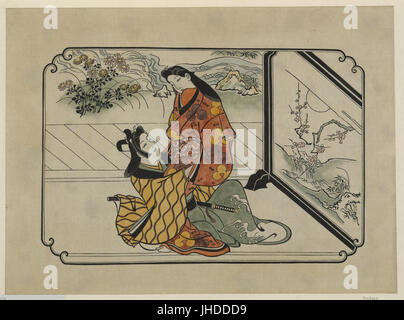 Hishikawa Moronobu (1680) due amanti abbracciando nella parte anteriore di un dipinto di schermo - colorate a mano Foto Stock