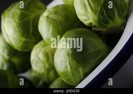 Close up di foglia verde i cavoletti di Bruxelles in smalto bianco teglia con blu navy stripe. Foto Stock