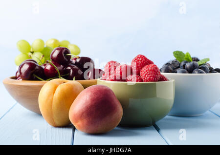 Il livello degli occhi colpo di vari tipi di frutta fresca, in recipienti separati e sulla luce blu dipinto di asse di legno tavolo con copia spazio sopra. Foto Stock