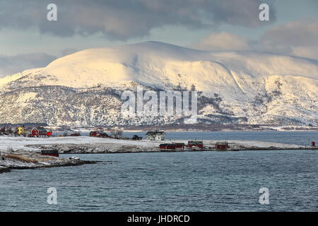 Case sul Holdoya-isola E.shore visto dalla frazione Ringen su Austvagoya-isola N.shore attraverso Hadselfjorden. Montagne di isola Hadseloya sfondo. Foto Stock