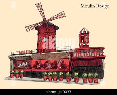 Il cabaret Moulin Rouge (punto di riferimento di Parigi, Francia) vettore isolato del disegno a mano illustrazione immagine colorata su sfondo beige Illustrazione Vettoriale