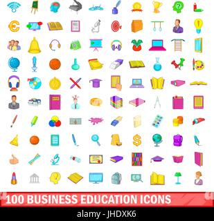 100 business education set di icone, stile cartoon Illustrazione Vettoriale