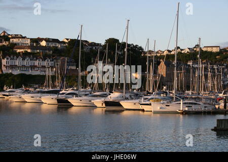 Brixham, Torbay, Brixham Harbour, Brixham Harbour, Porto, Porto, yacht, barche a vela, barche ormeggiate, barche, costose barche, barche nel porto, Foto Stock