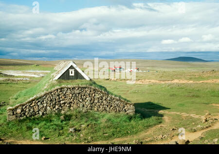 Tradizionale casa di viking con erba tetto coperto, Islanda Foto Stock