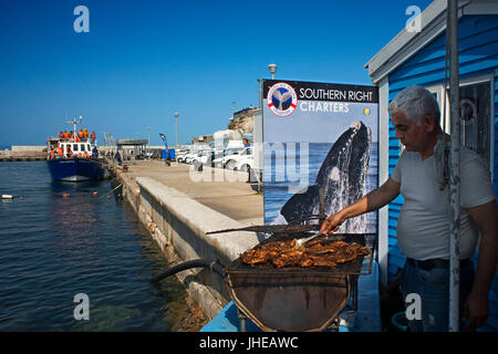 Whale watching tour in barca a Hermanus, Western Cape, Sud Africa Foto Stock