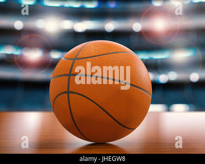 3D rendering basket palla sul pavimento in legno con lo sfondo dello stadio Foto Stock
