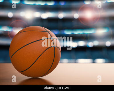3D rendering basket palla sul pavimento in legno con lo sfondo dello stadio Foto Stock