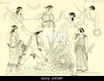 Questa immagine tratta dall'opera di Inghirami del 1835 "Pitture di vasi fittili" (dipinti di vasi di argilla) presenta dettagliate raffigurazioni di antiche ceramiche, che offrono una visione dell'arte e del significato culturale delle opere ceramiche dell'antichità. Foto Stock