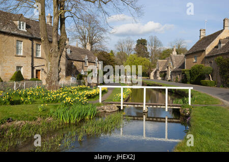 Cotswold cottage in pietra lungo Daffodil rivestita fiume occhio, Lower Slaughter, Cotswolds, Gloucestershire, England, Regno Unito, Europa Foto Stock