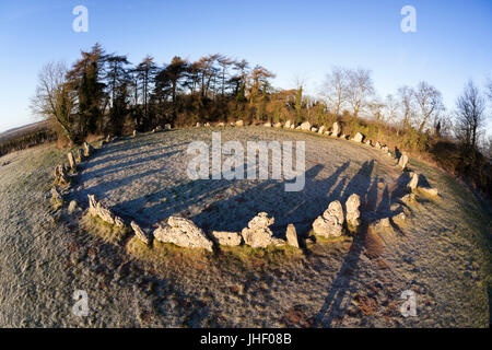 Gli uomini del re cerchio di pietra nel gelo invernale, il Rollright Stones, Chipping Norton, Cotswolds, Oxfordshire, England, Regno Unito, Europa Foto Stock