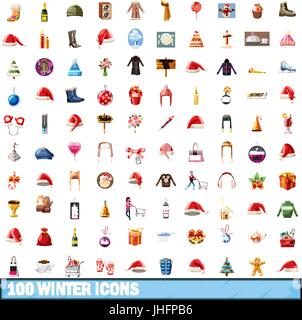 100 inverno set di icone, stile cartoon Illustrazione Vettoriale
