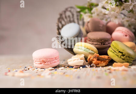 Amaretti multicolore su una tabella con vaso orientale e il ramo di ciliegio in fiore Foto Stock