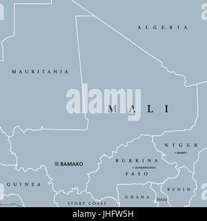 Mali mappa politico con capitale Bamako, i confini internazionali e vicini di casa. Repubblica e paese senza sbocco sul mare in Africa occidentale. Illustrazione di grigio. Foto Stock