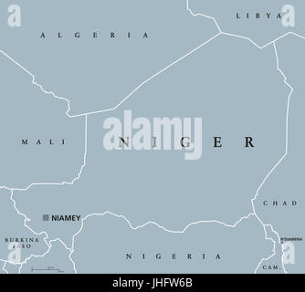 Niger mappa politico con capitale Niamey, i confini internazionali e vicini di casa. Repubblica e paese senza sbocco sul mare in Africa occidentale. Illustrazione di grigio. Foto Stock