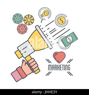 Icone di marketing con megafono e denaro contante Illustrazione Vettoriale
