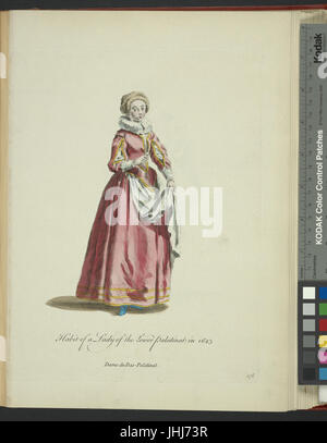 Questa storica illustrazione in costume raffigura l'abbigliamento di una signora del basso Palatinato nel 1643. Fornisce informazioni sulle tendenze della moda e sui costumi sociali durante il primo periodo moderno in Germania. Foto Stock