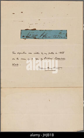 Firma autografa tagliati fuori e montato. Nota firmata da Julian Hawthorne lo identifica come scritto sul coperchio di una copia di Dickens della casa parole, 1855 (NYPL b15823745-5045012) Foto Stock
