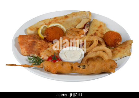 Pesce misto patatine fritte Foto Stock