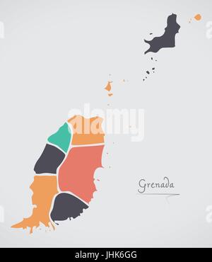 Grenada mappa con gli stati e le moderne forme rotonde Illustrazione Vettoriale