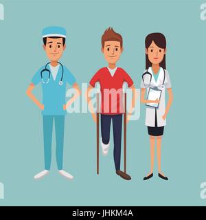 Colore di sfondo con un uomo su stampelle e team medici specialisti Illustrazione Vettoriale