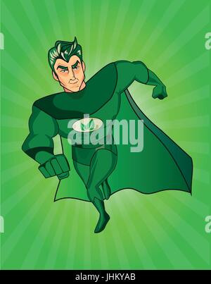 Un cartoon superhero carattere con un capo verde e di costume e un simbolo di foglie sul suo petto Illustrazione Vettoriale